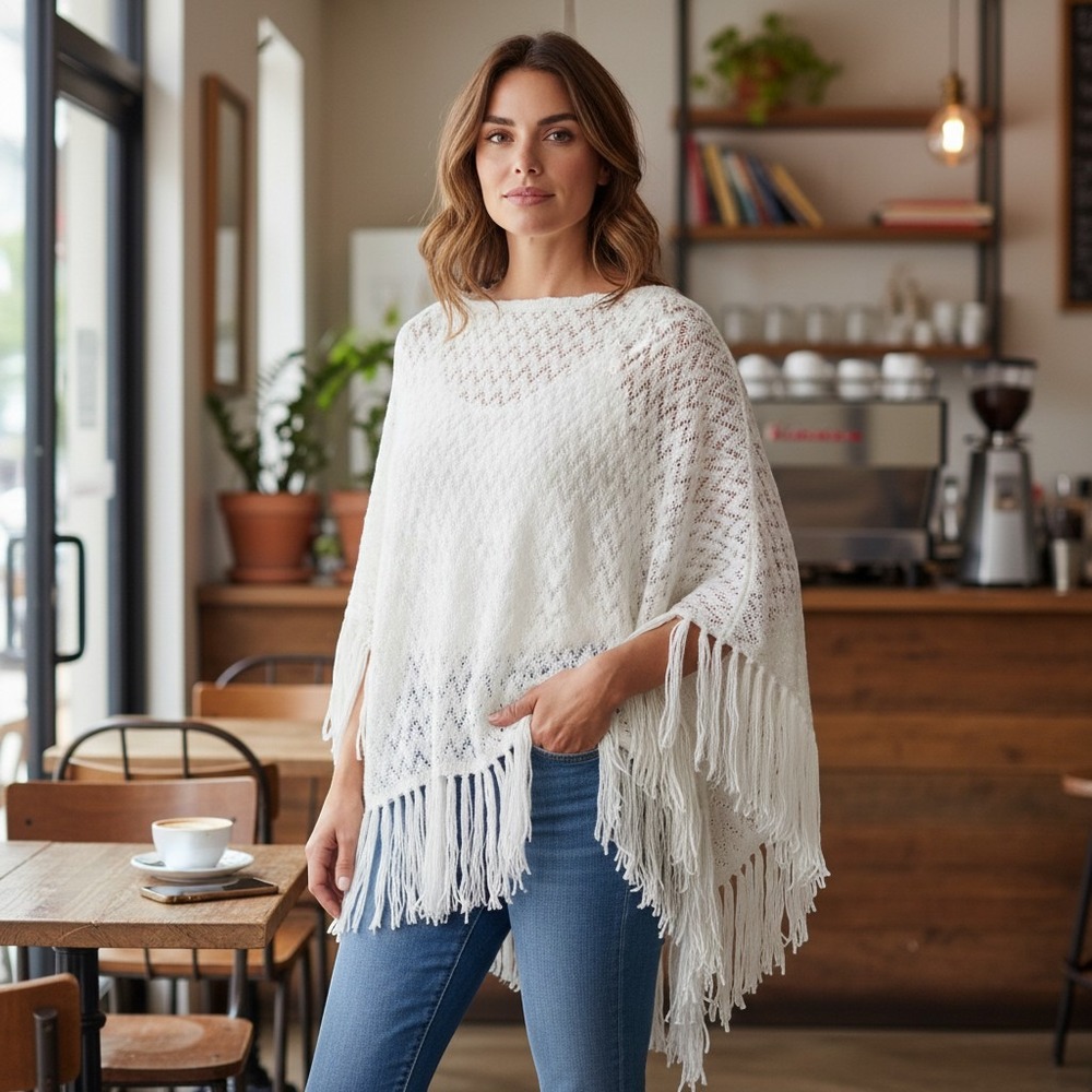 Chico's Cream Chevron Pointelle Knit Poncho Sweater Fringe Metallic S/M